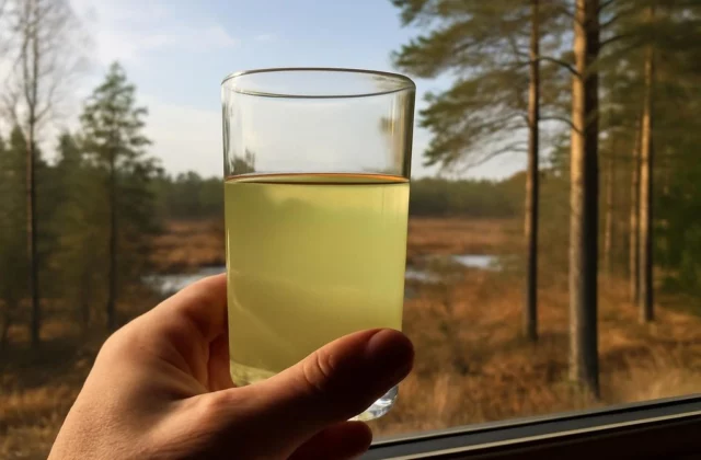 Желтоватая вода из скважины на фоне мещёрского леса