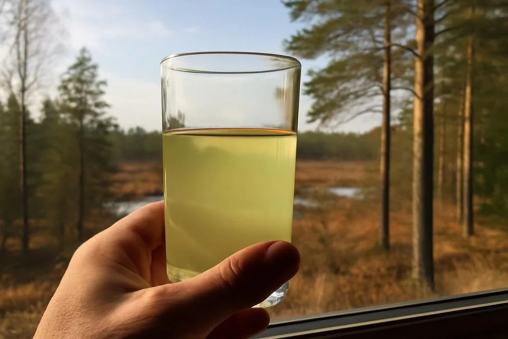 Желтоватая вода из скважины на фоне мещёрского леса