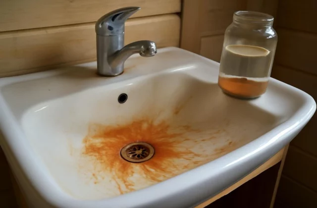 Ржавые потёки на раковине от железа в воде