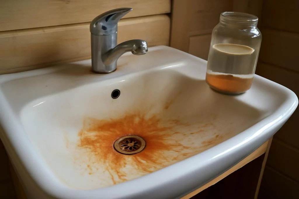 Ржавые потёки на раковине от железа в воде